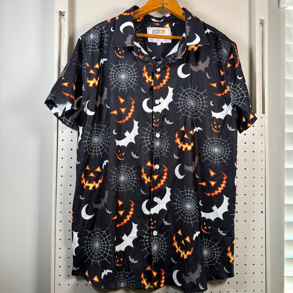 Arvihill Button Up T-Shirt Men's Medium Black Pumpkin Bat Spider Print Halloween